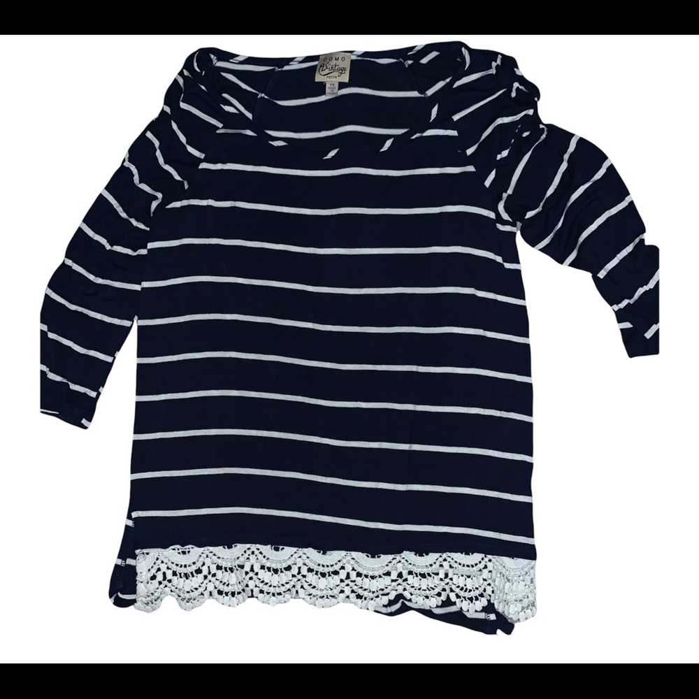 Como Vintage | Navy & White Open Shoulder Blouse - Size PS